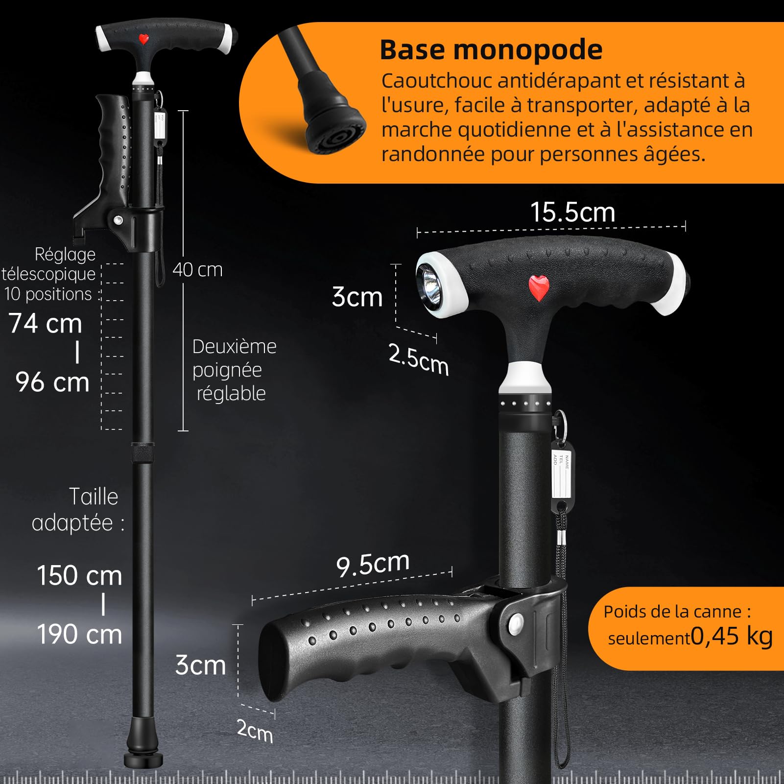 Canne réglable pour homme et femme - Double poignée - Canne réglable avec lumière LED - Bâton de marche pour personnes âgées et personnes souffrant d'arthrite