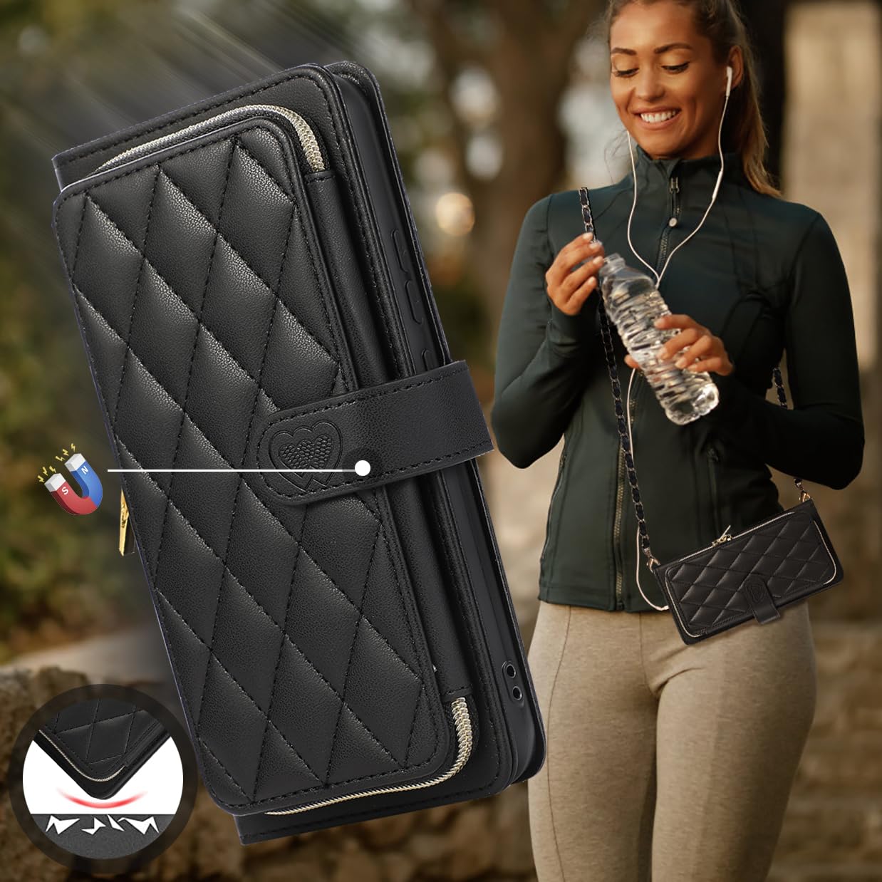 GUVAGI Leder Flip Hülle Für IPhone 16 Pro Max Mit Band & 6 Kartenfächern - Klapphülle Mit Reißverschluss