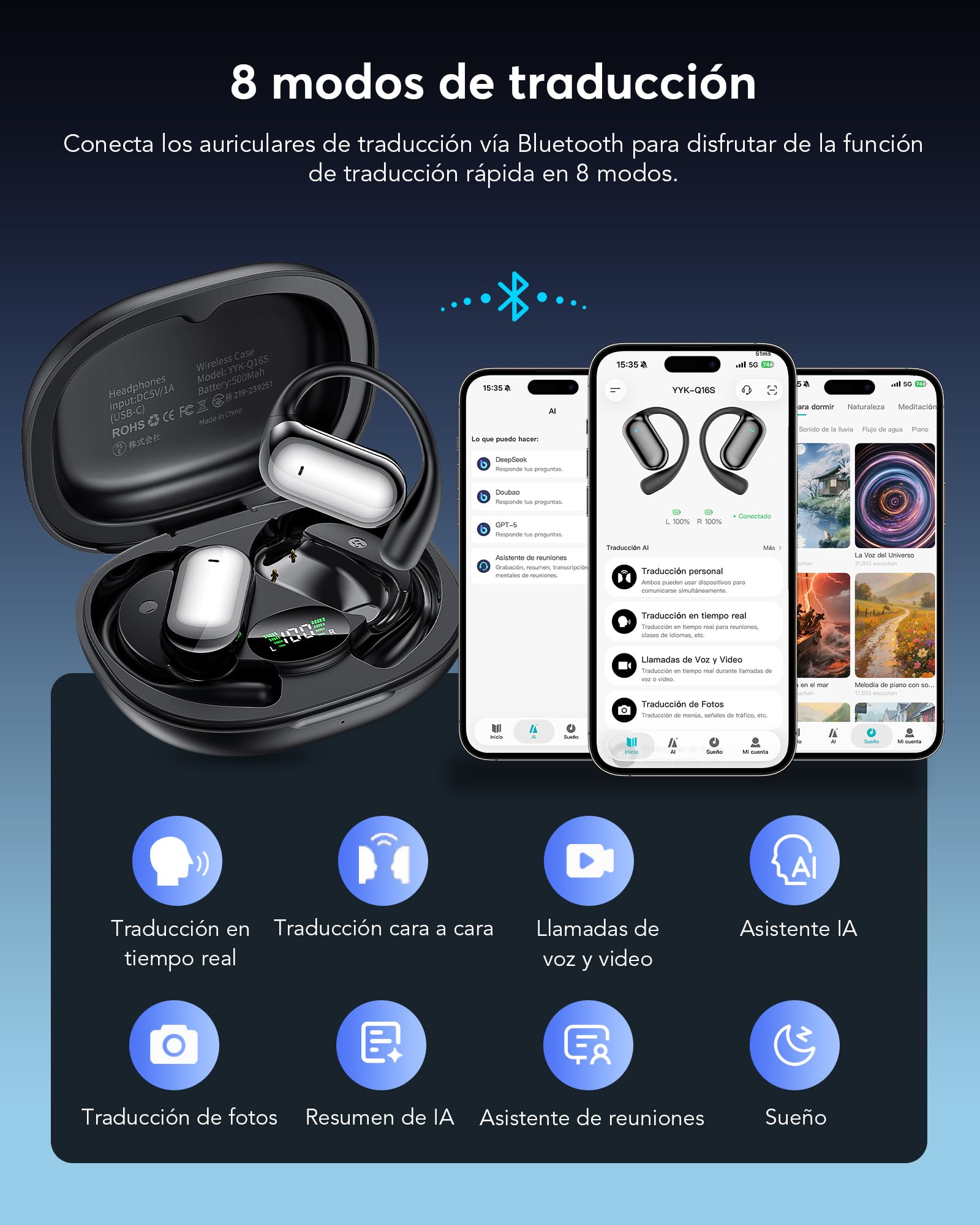 AI Auriculares Traductor en Tiempo Real, 8 Modos Traducción | 198 Idiomas, 3 en 1 Auriculares Traductores de Idiomas, 60H Cascos Oreja Abierta Bluetooth 6.1 para Viajes, Reuniones Negro