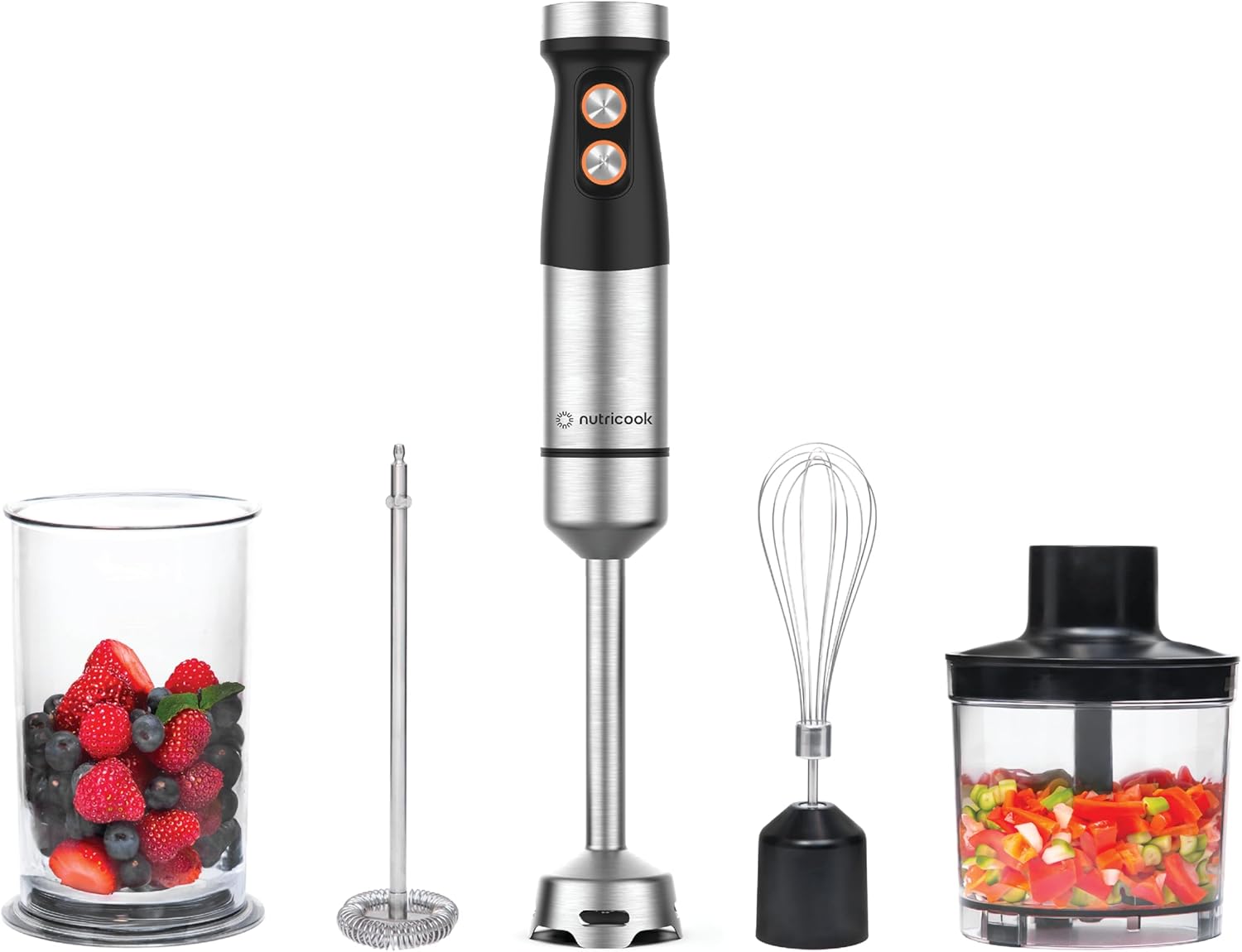 Nutricook 1200W DC motor Hand Blender With 700ml beaker,500ml Chopping Bowl, Stainless Steel Blades, Wisk with 20 variable speed 4in1 Blend,chop,whisk,froth, HB100ME, 2 yrs warranty 2026