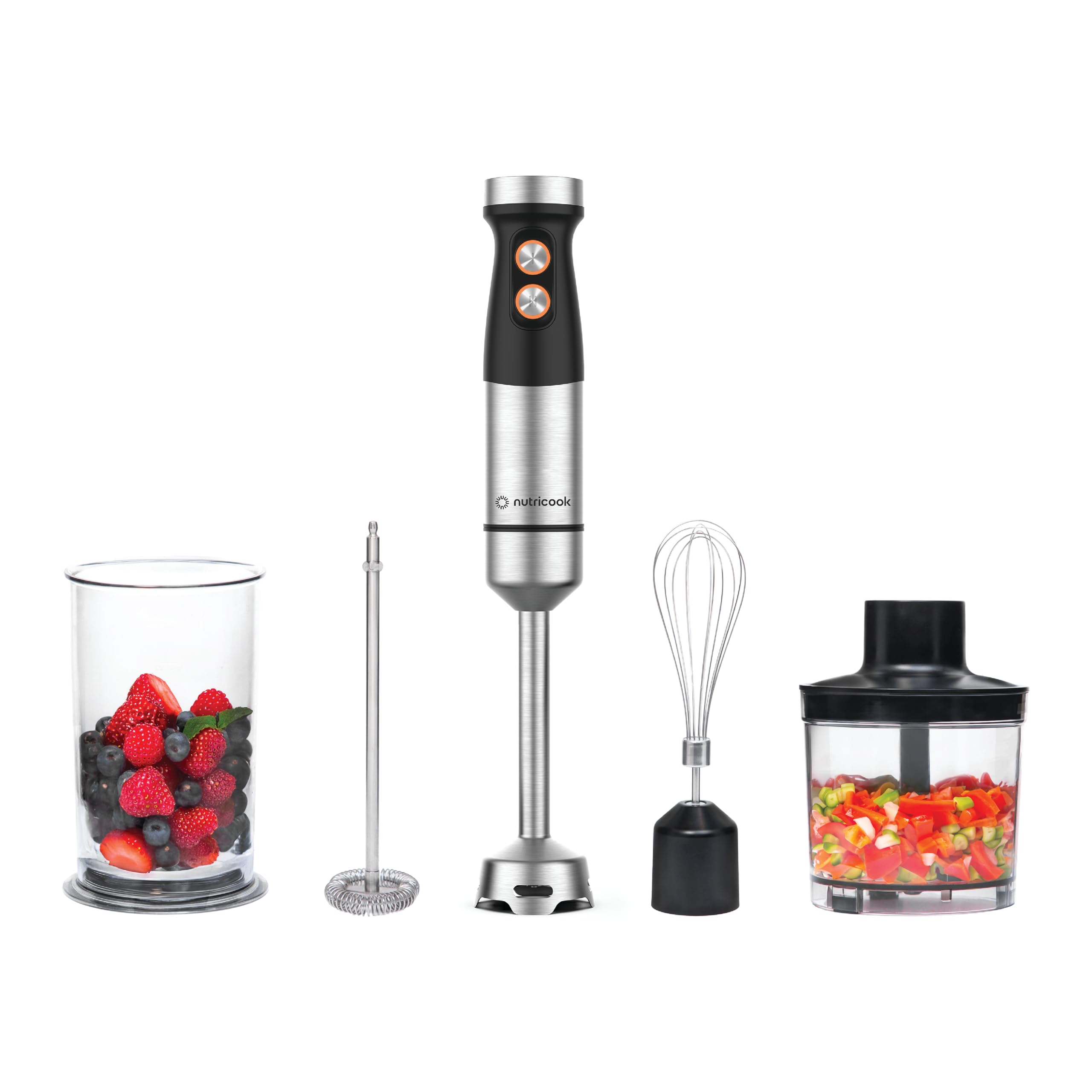Nutricook 1200W DC motor Hand Blender With 700ml beaker,500ml Chopping Bowl, Stainless Steel Blades, Wisk with 20 variable speed 4in1 Blend,chop,whisk,froth, HB100ME, 2 yrs warranty
