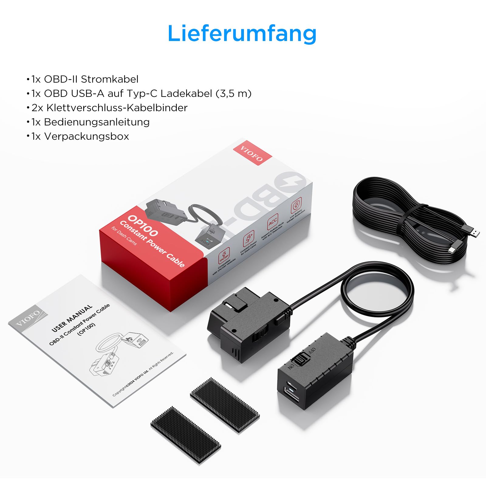 VIOFO OP100 OBD-II Tipo C - Cable de alimentación continua para cámaras de salpicadero de coche, cable OBD con interruptor de tiempo, 24 h de vigilancia de aparcamiento con protección de baja tensión