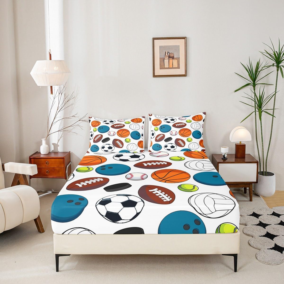 Kids Cartoon Balls Sports Fitted Sheet Queen Size Football Basketball Baseball Print Bed Sheet 3Pcs Boys Teens Room Decor Modern Sports Gaming Bedding Set Colorful Deep Pocket Sheet,2 Pillowcases image 4