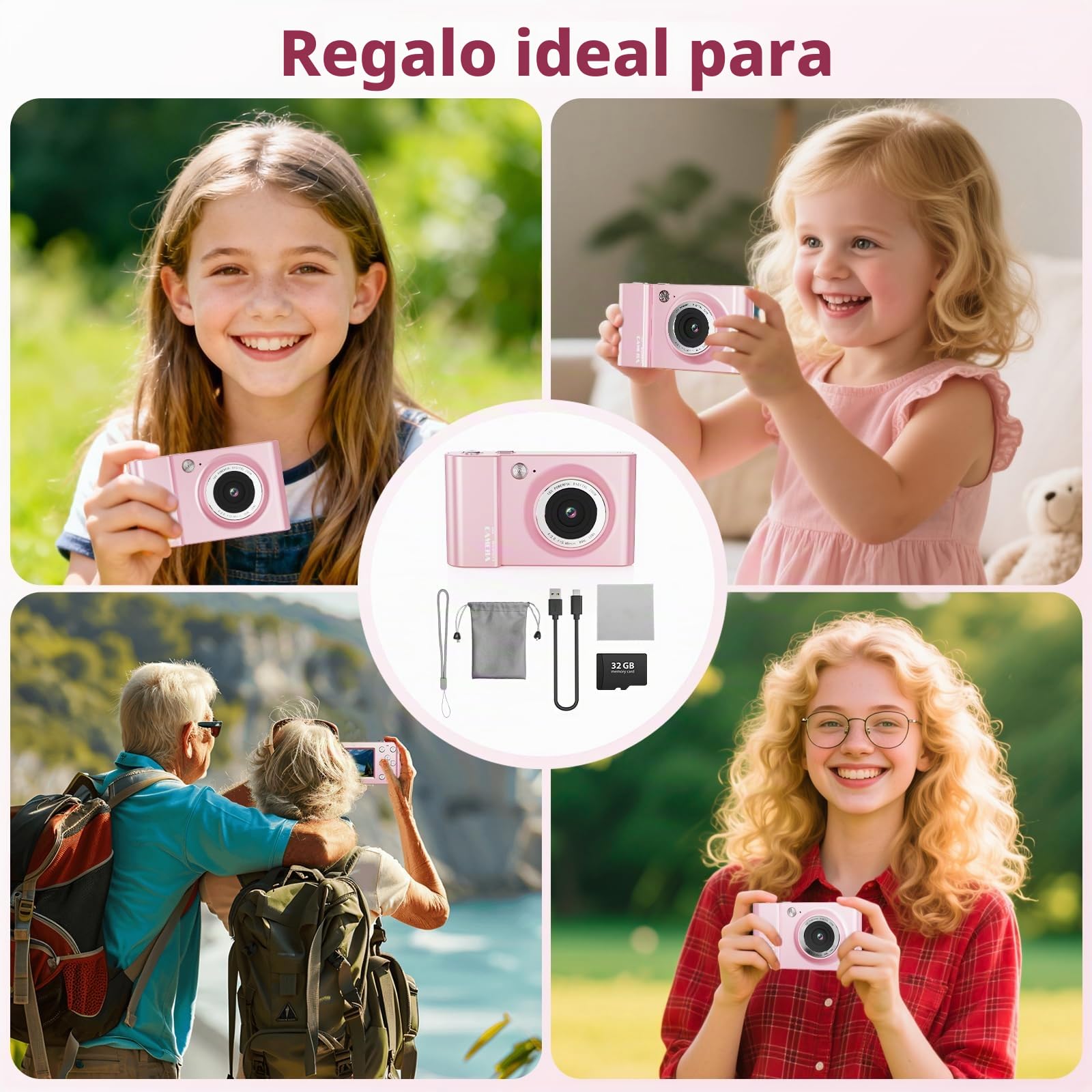 Cámara digital 4K 64MP FHD cámara fotográfica para niños, zoom digital de 18 x cámara compacta con pantalla de 2,4 pulgadas, antivibración, flash LED, tarjeta SD de 32 GB, cámara de fotos para niños