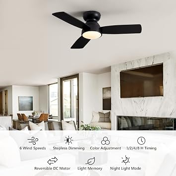 32 Ceiling Fan with Light and Remote, Small Quiet Low Profile Fandelier, Flush Mount Fan Lights with Memory Function, 3CCT, Dimmable, Reversible 6-Speeds, Timable Ceiling Fixtures-Black