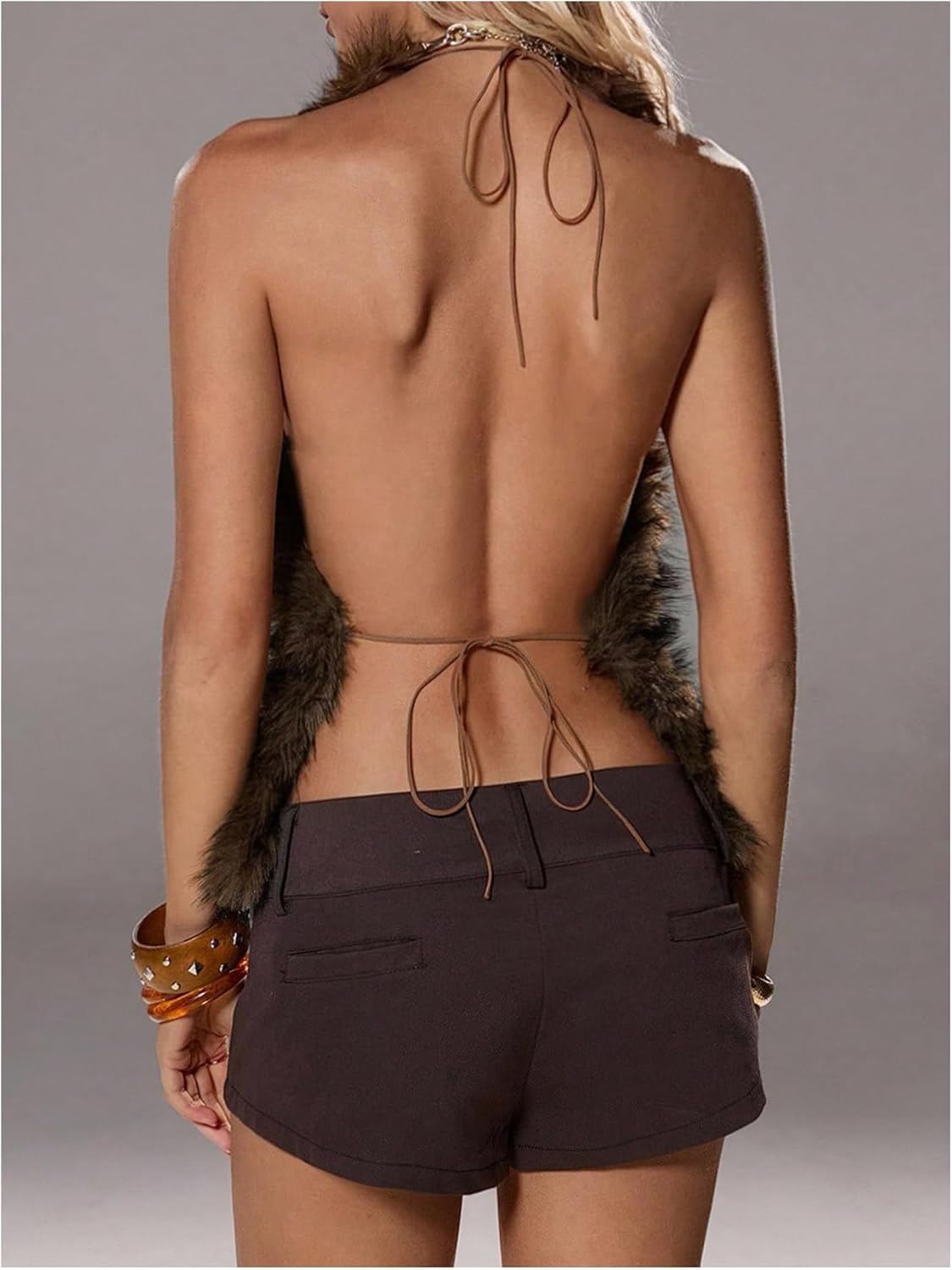 Verdusa Women's Rave Club Sexy Faux Fur Furry Fuzzy Halter Top Backless Slit Going Out Tops - Image 2