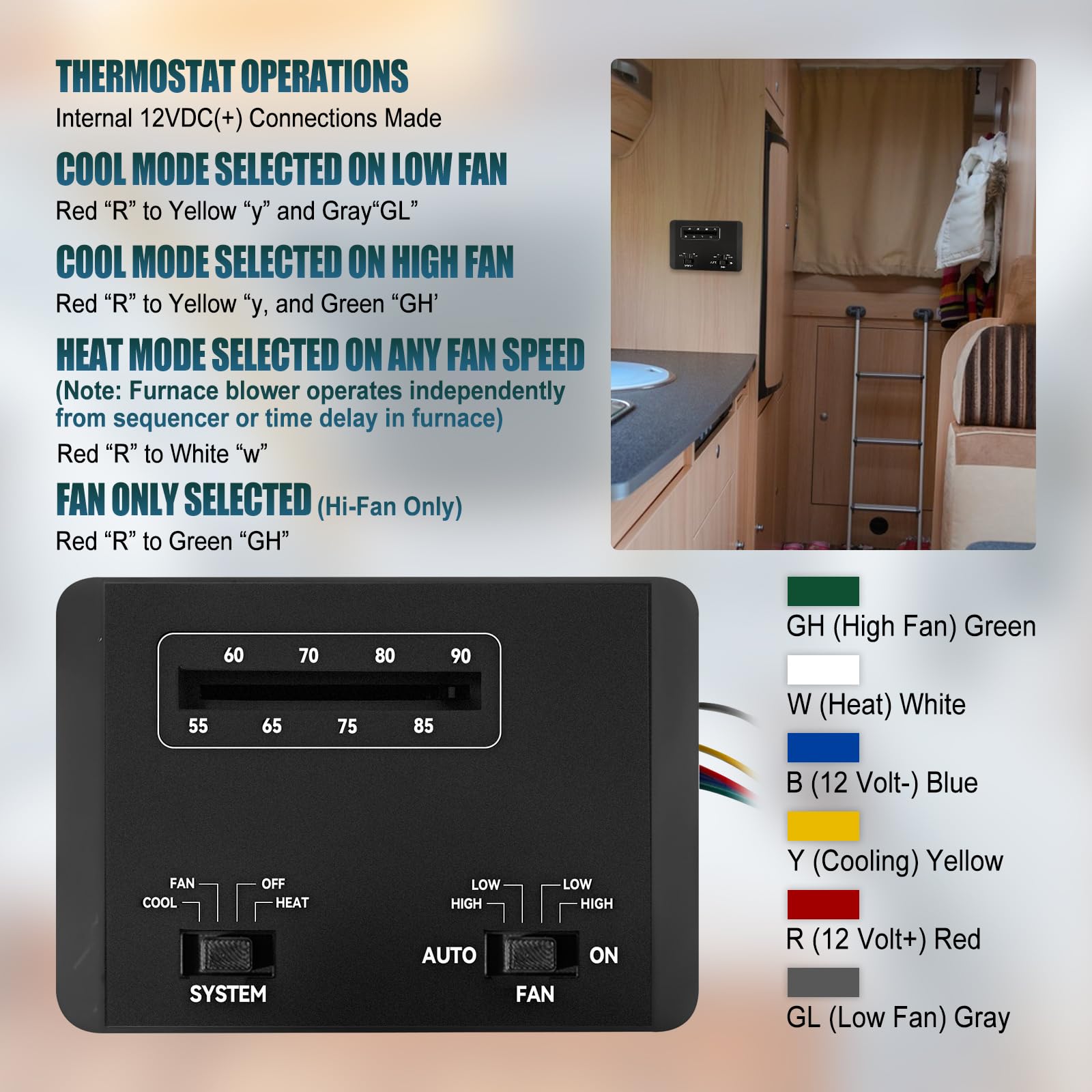 7330F3852 Thermostat Compatible with Cole-Man RV Mach 15 Series/ 3 Plus Series/ 1 Power Saver/III Power Saver/ 8 Polar Cub/Rou-gh-Neck Series, Single Stage Heat/Cool RV Air Conditioners (Black)