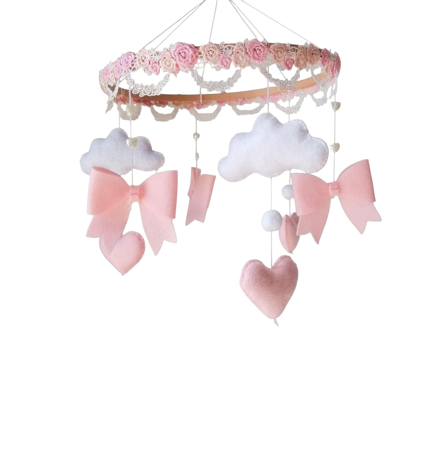 Bows Baby Girl Mobile,CBaby Girl Nursery Decor,Felt Hearts Mobile Pink,Custom Name Baby Mobile,Bows Crib Mobile,Baby Shower Gift