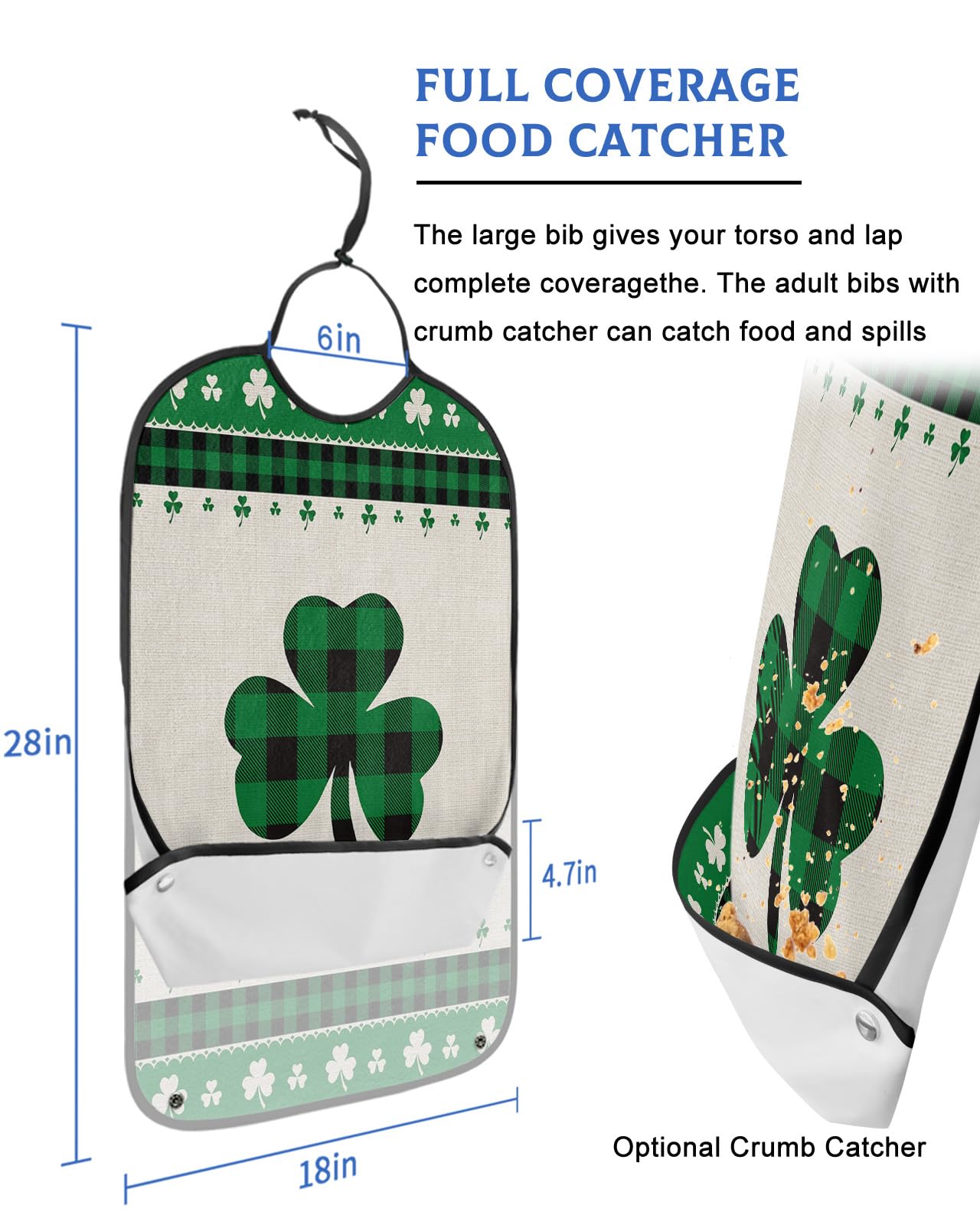 St. Patrick's Day Adult Bibs for Eating, Waterproof Bibs with Food Catcher & Adjustable Snap Closure, Green Black Buffalo Plaid Lucky Clover Clothing Protectors Adult Bibs for Elderly Women/Men