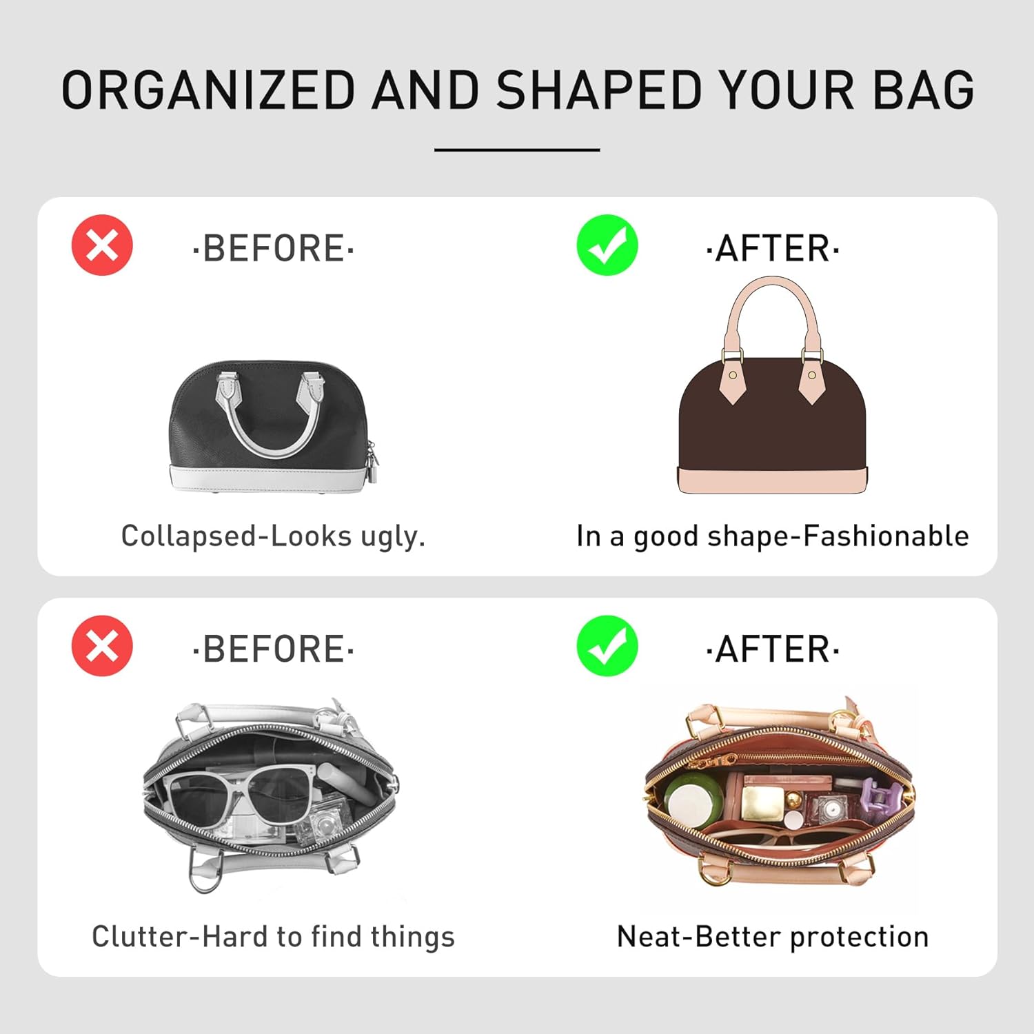 Purse Organizer Insert Compatible with LV ALMA BB Bag,Upgraded Lightweight Water-Resistant Dupontpaper Bag Insert Organizer Shaper for Luxury Bags(White-Brown)