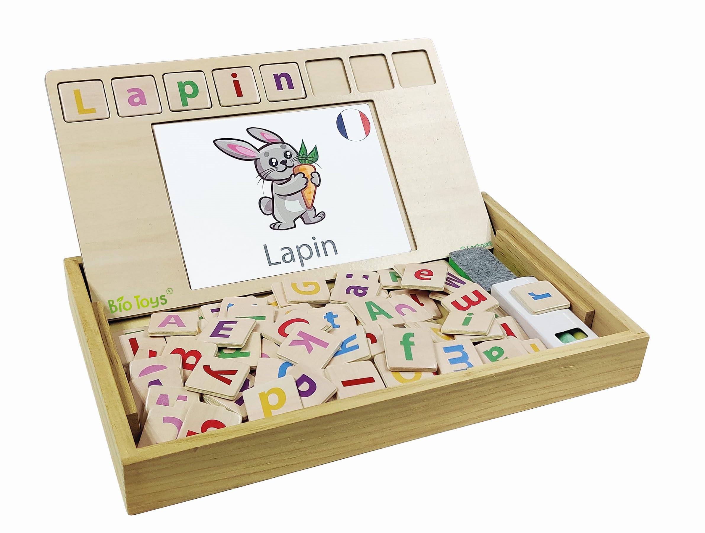 LEXIBOOK, Bio Toys, Word School, Bilingual French/English, wooden game, 50 word cards, alphabet, educational game, EDU100i1LXB
