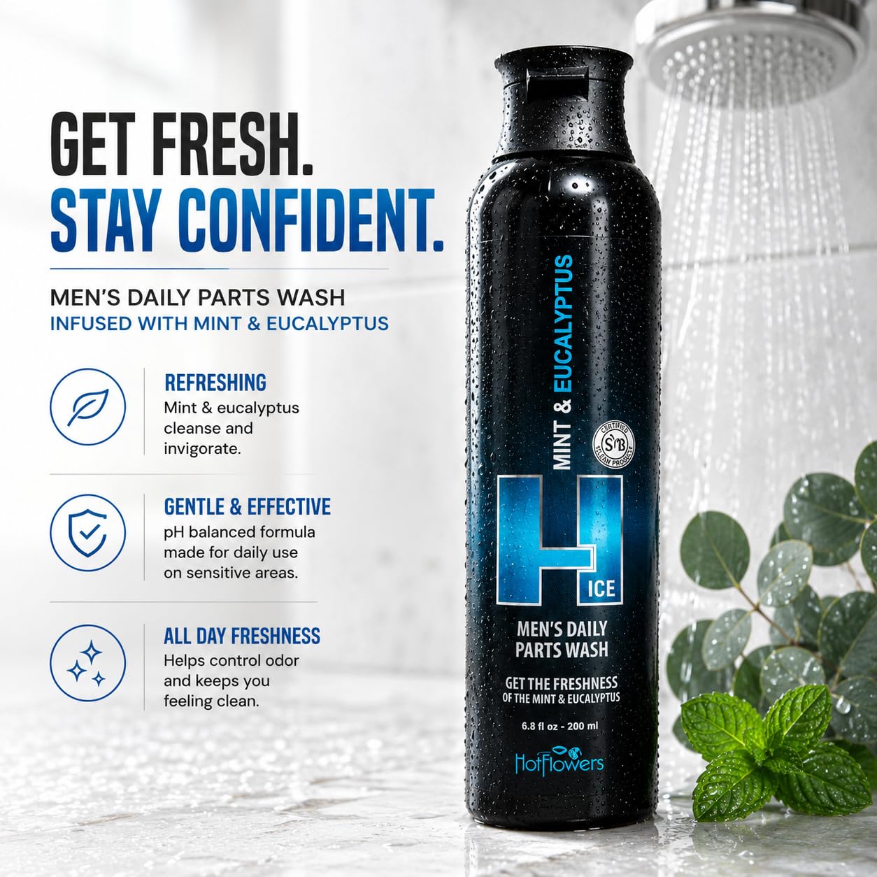 HOT FLOWERS Mint and Eucalyptus Men’s Daily Intimate Wash for Essentials Body Health, 4.4 oz. each (1) image 5