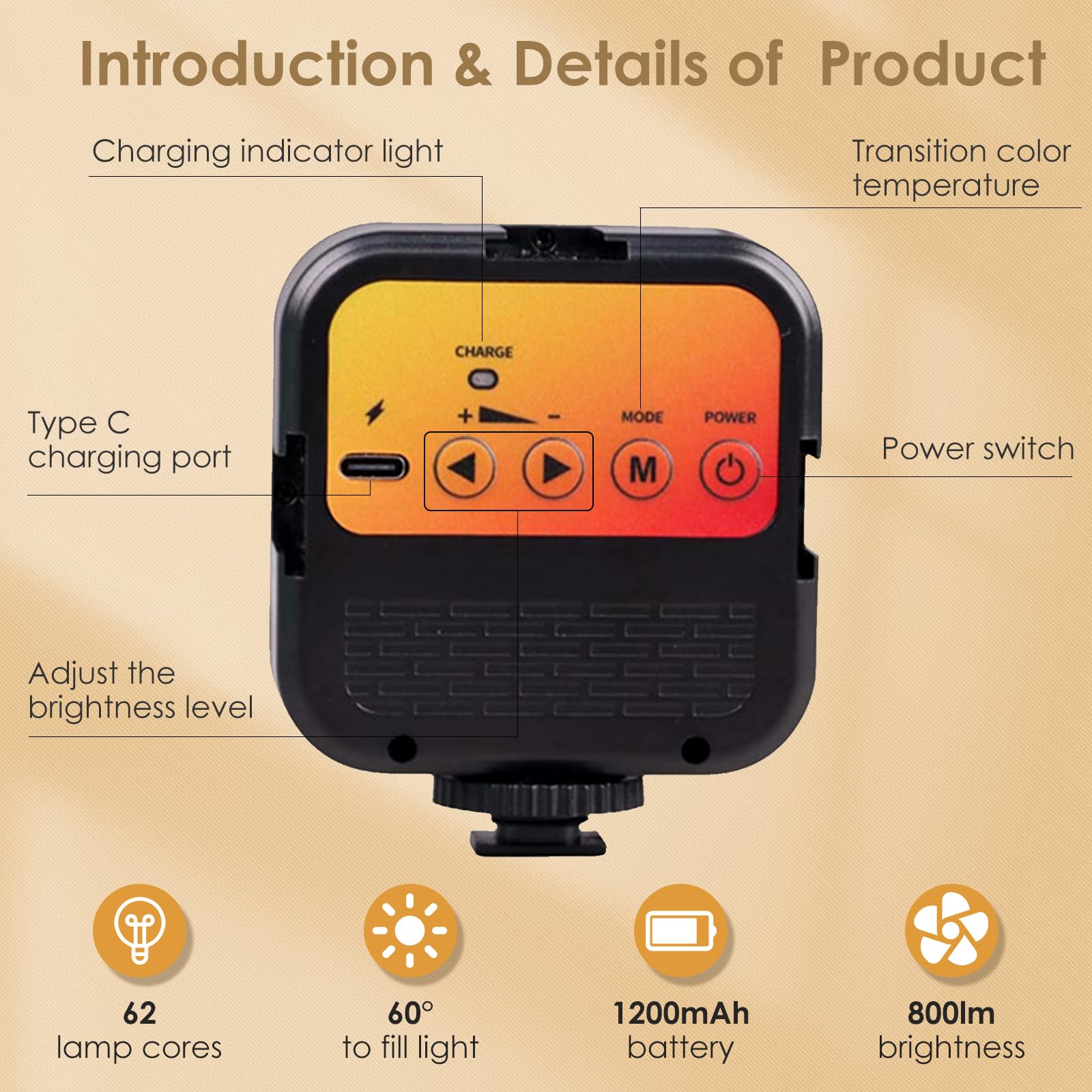 Journeyside Mini LED Videoleuchte,62 LED-Perlen mit 3 Inbegriffen Cold Shoe, Tragbare Kamera Licht 1200 mAh,Kamera Licht Klein 3000K-5500K mit 3 Lichteffekte für Aufnahmen, Live-Streaming