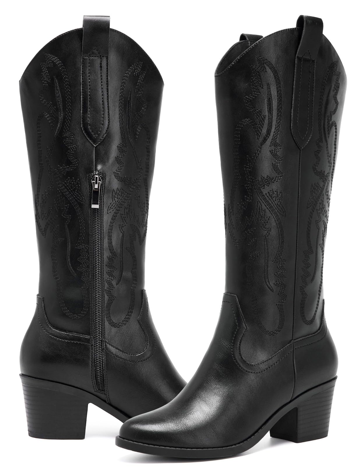 FW FRAN WILLOR Women's Cowboy Boots Knee High with Side Zipper Wide Calf Cowgirl Boots Comfortable Western Classic Embroidered Pointy Toe Fashion
