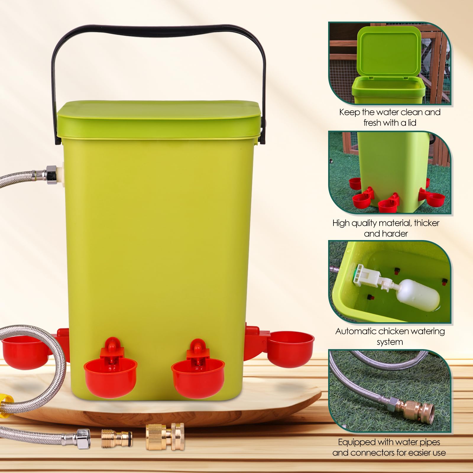 Regadera automática de pollo con válvula flotante, bebedero colgante de 3.2 galones con 6 tazas de agua, dispensador de agua grande de codorniz, pavo, ganso, gallinero