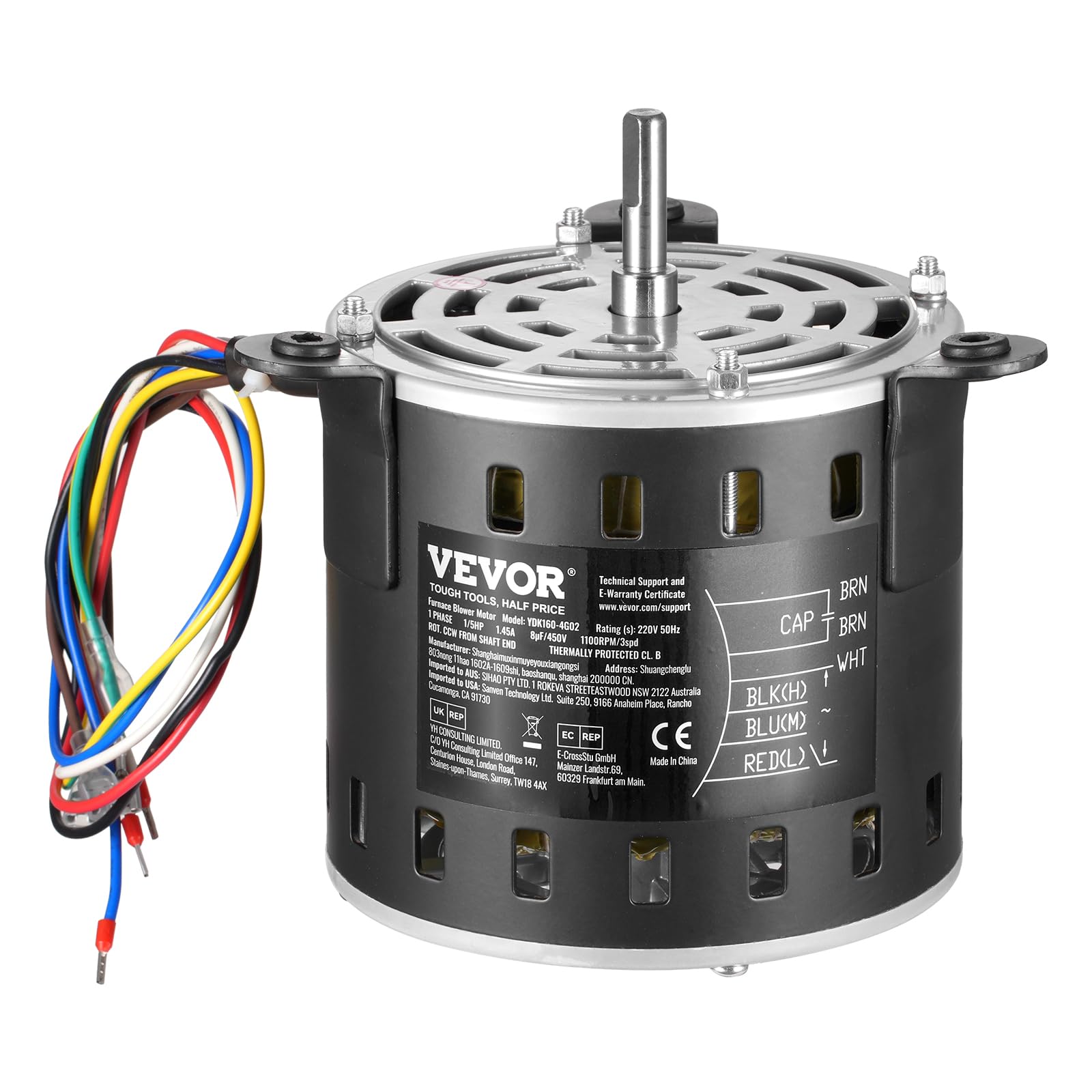 VEVOR Moteur Ventilateur Four, 1/5 CV, 1,45 A, 3 Vitesses 1100/900/700 tr/min, Diamètre d'Arbre 10 mm, Longueur d'Arbre 20 mm, ROT CCW à Partir de l'Extrémité de l'Arbre, Condensateur CBB60 8 μF/450 V