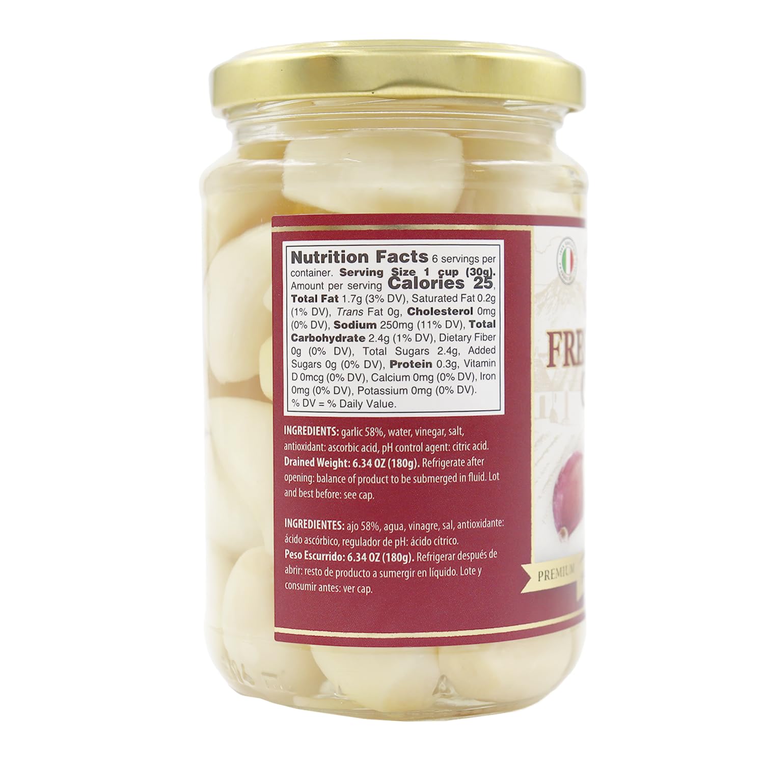 Flora Foods Italian Whole Garlic Cloves in Water Brine – Peeled & Ready to Eat – 10 oz Jar – Imported from Italy