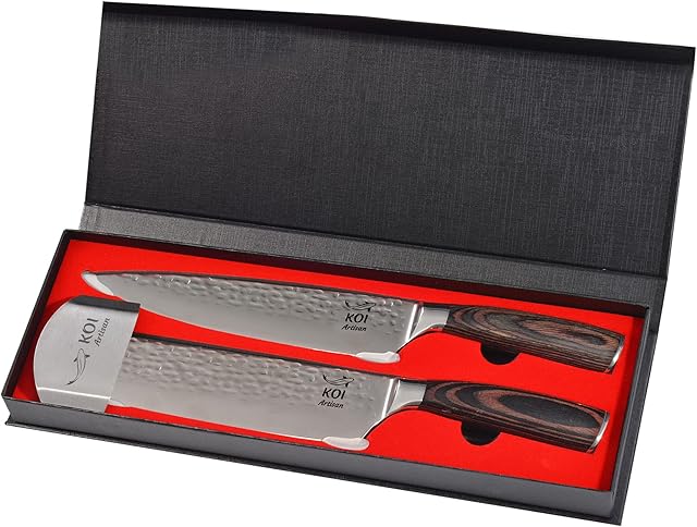 KOI ARTISAN Hammered Finish 2 Pieces Knife Set - Gift Kitchen Knife Set Japanese Steel, Professional Chef Knife - Nakiri Knife Slicing Hammered Forging Kitchen Knives with Pakka Wood Handle