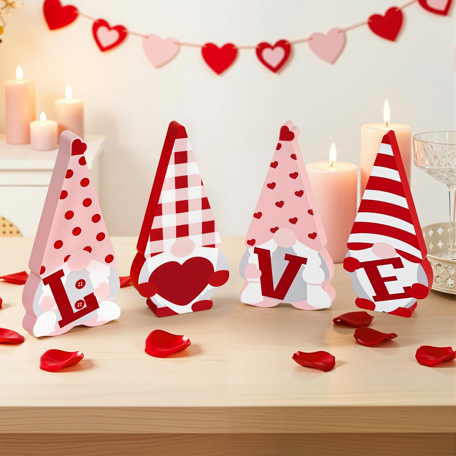Decoraciones para el día de San Valentín – 4 letreros de gnomo de madera, decoración de bandeja escalonada de madera roja y rosa, bonita decoración del día de San Valentín para el hogar,