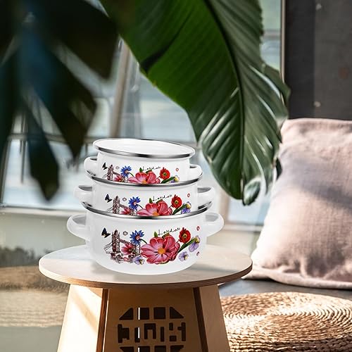 Miniatura 6 de Holibanna Olla de cocina esmaltada con tapa, 3 piezas retro de flores, olla de cocina vintage con asas, olla antiadherente para cocinar a fuego