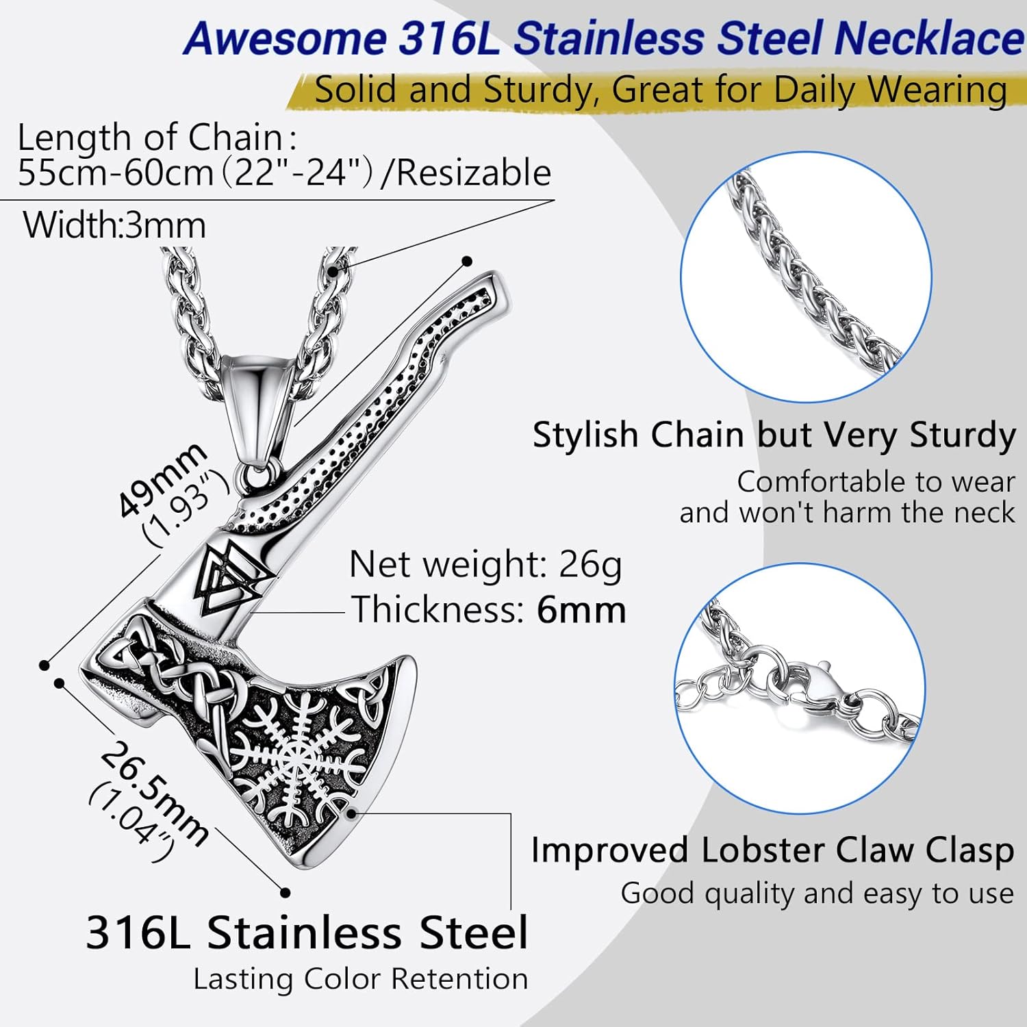 PROSTEEL Norse Viking Jewelry for Men Women, Vintage Thor Hammer/Thor Axe/Raven/Odin Necklace, 316L Stainless Steel Pendant Chain, Come with Box - Image 4