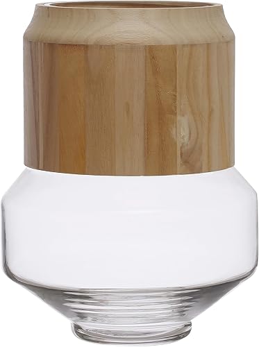 Bloomingville Huracán/jarrón redondo de cristal con collar de madera de acacia extraíble, natural
