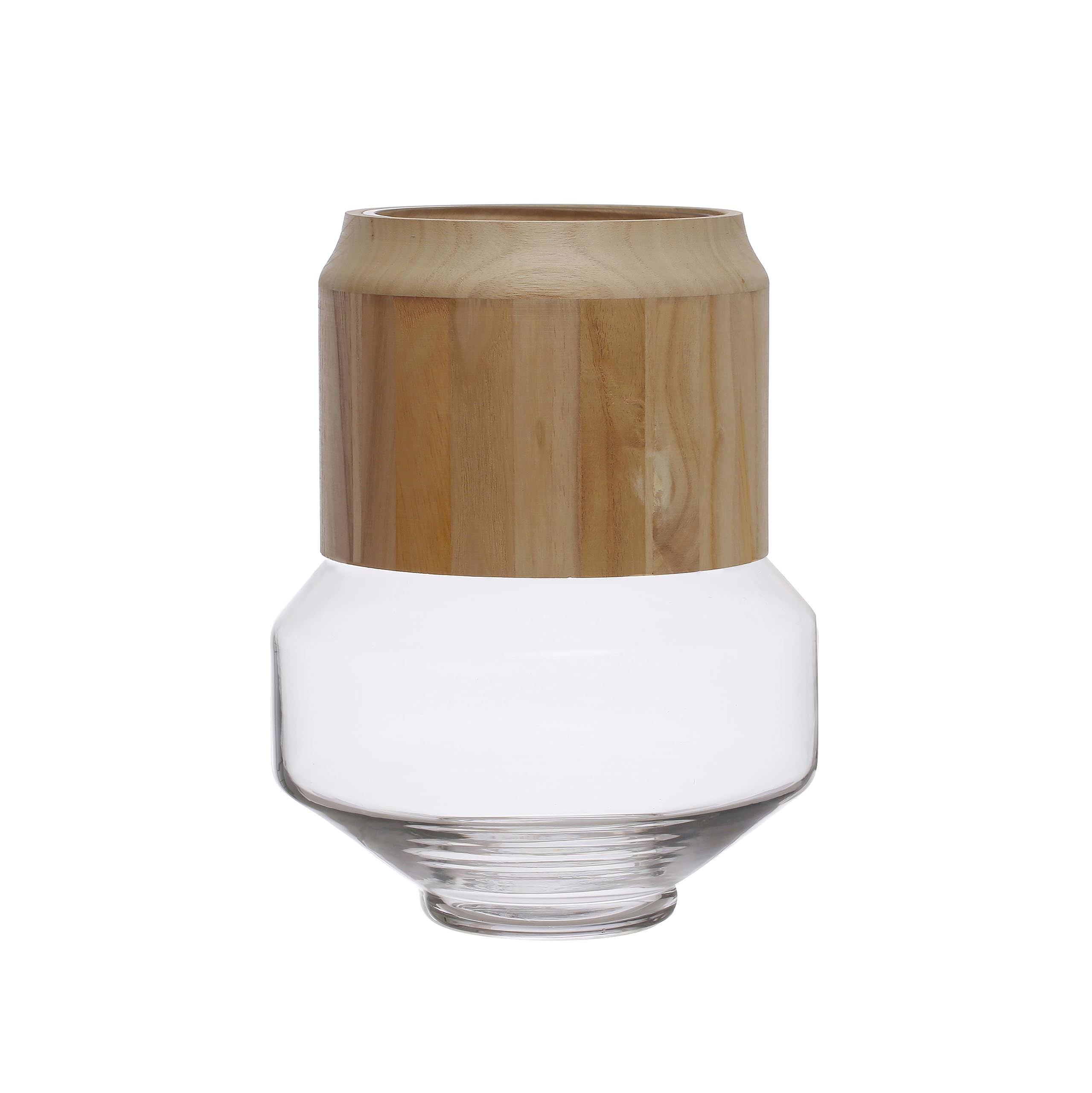 Bloomingville Round Glass Hurricane Removable Acacia Wood Collar, Natural Vase, Clear