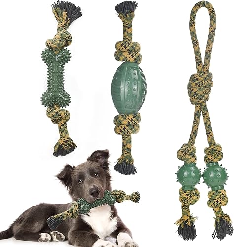 Vehomy Paquete de 3 juguetes de cuerda para perros para masticadores agresivos, cuerda de algodón de camuflaje, juguetes para perros con bola de