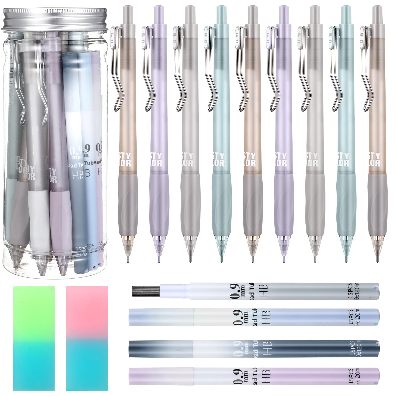 Boao Mechanical Pencil Set Assorted 12 Pieces Mechanical Pencils, 4 Tubes Pencil 0.9 mm Refills, 2 Pieces Erasers with Clear Plastic Bottle