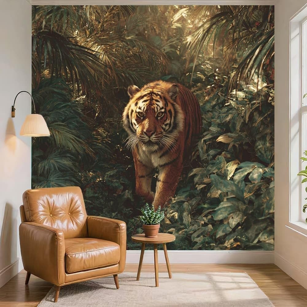 Carta Da Parati Fotografica Bambini 250x175 cm Tigre Della Giungla Tropicale Carta da Parati Panoramica Fotomurali in TNT Murale Verde Poster Gigante Design per Camera Ragazzo Ragazza