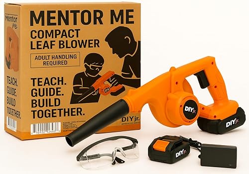 Mentor Me - Soplador de hojas inalámbrico para niños, soplador de tamaño juvenil de trabajo real con gafas de seguridad, herramienta de aprendizaje