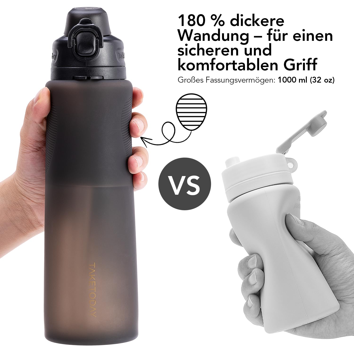 TakeToday Faltbare Trinkflasche 1000ml, Zusammenklappbare Trinkflasche, BPA-frei, aus Silikon, auslaufsicher – ideal zum Wandern, für internationale Reisen & Outdoor-Aktivitäten, Schwarz