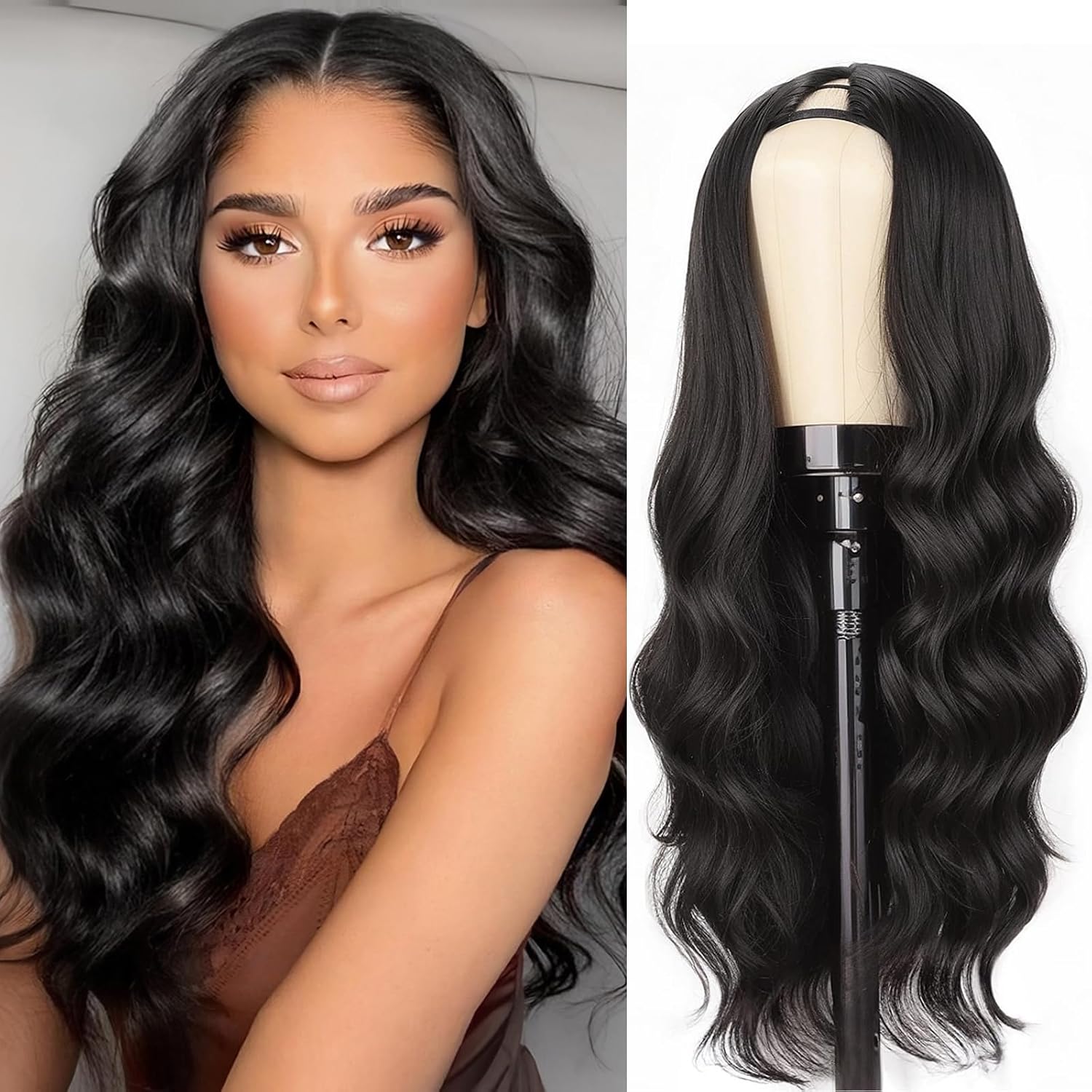 24 Inch V Part Wig Body Wave Upgrade U Part Wigs for Black Women Premium Protein Silk Fiber & Human Hair Blended, Clip in V-Part Half Wigs Glueless Wear and Go 180% Density Natural Black
