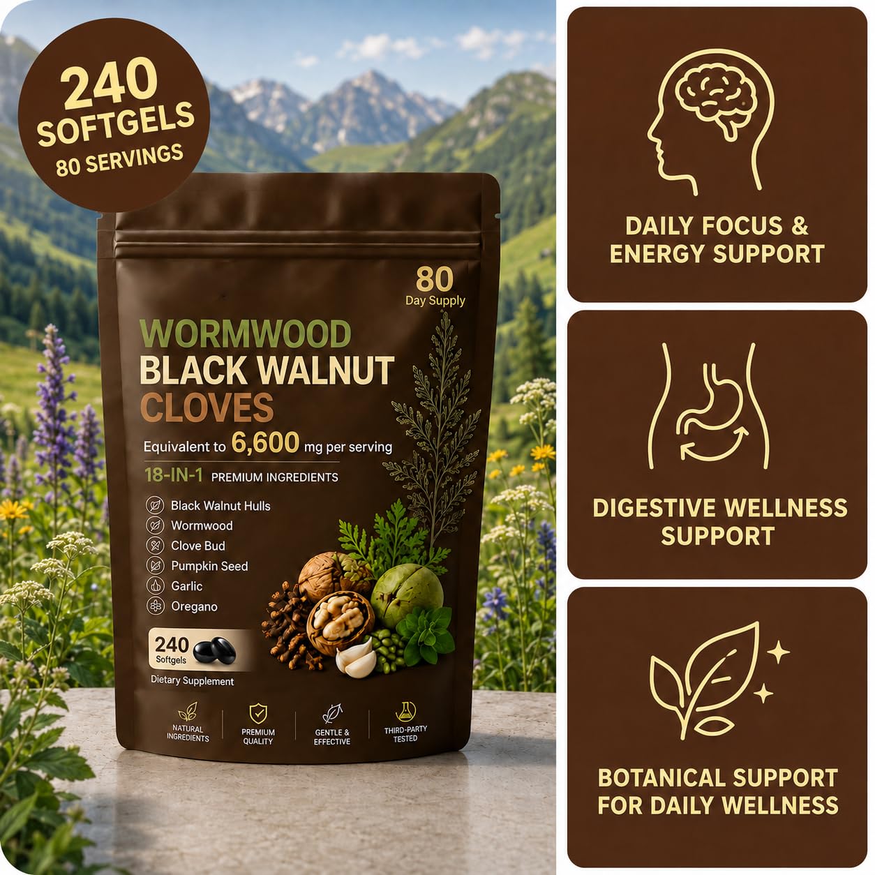 Wormwood Black Walnut Clove Softgels, 18-in-1 Botanical Formula with Pumpkin Seed Complex, Concentrated Herbal Extract Blend for Daily Digestive Balance & Wellness Support, 240 Count — Amazon image 2