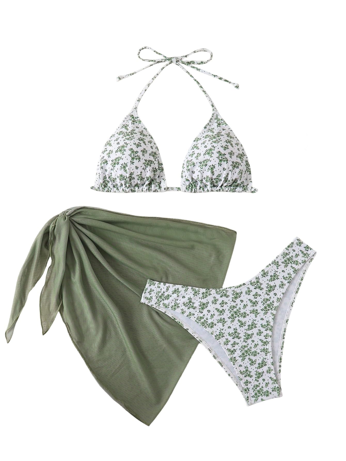 GORGLITTER Conjunto de bikini para mujer de 3 piezas con estampado floral, con cuello halter y falda cubierta
