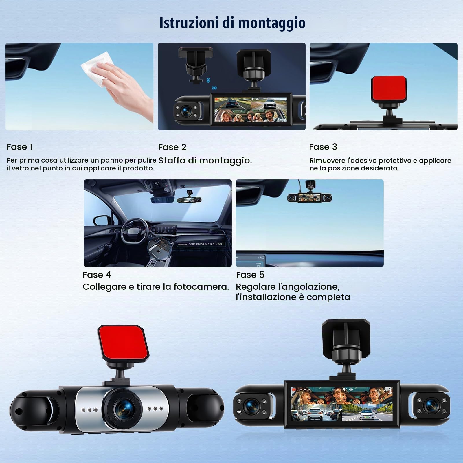 Telecamera per auto dash cam da 3,16 pollici 1080P, visione a 360° con 3 telecamere - monitoraggio del parcheggio con rilevamento del movimento e visione notturna