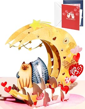 Pop Up Valentines Card - Cute Love Cats 3D Anniversary Cards with Envelopes, Romantic Moon Star Happy Valentines Greeting Card for Him Her Husband Wife Friends Boyfriend Girlfriend