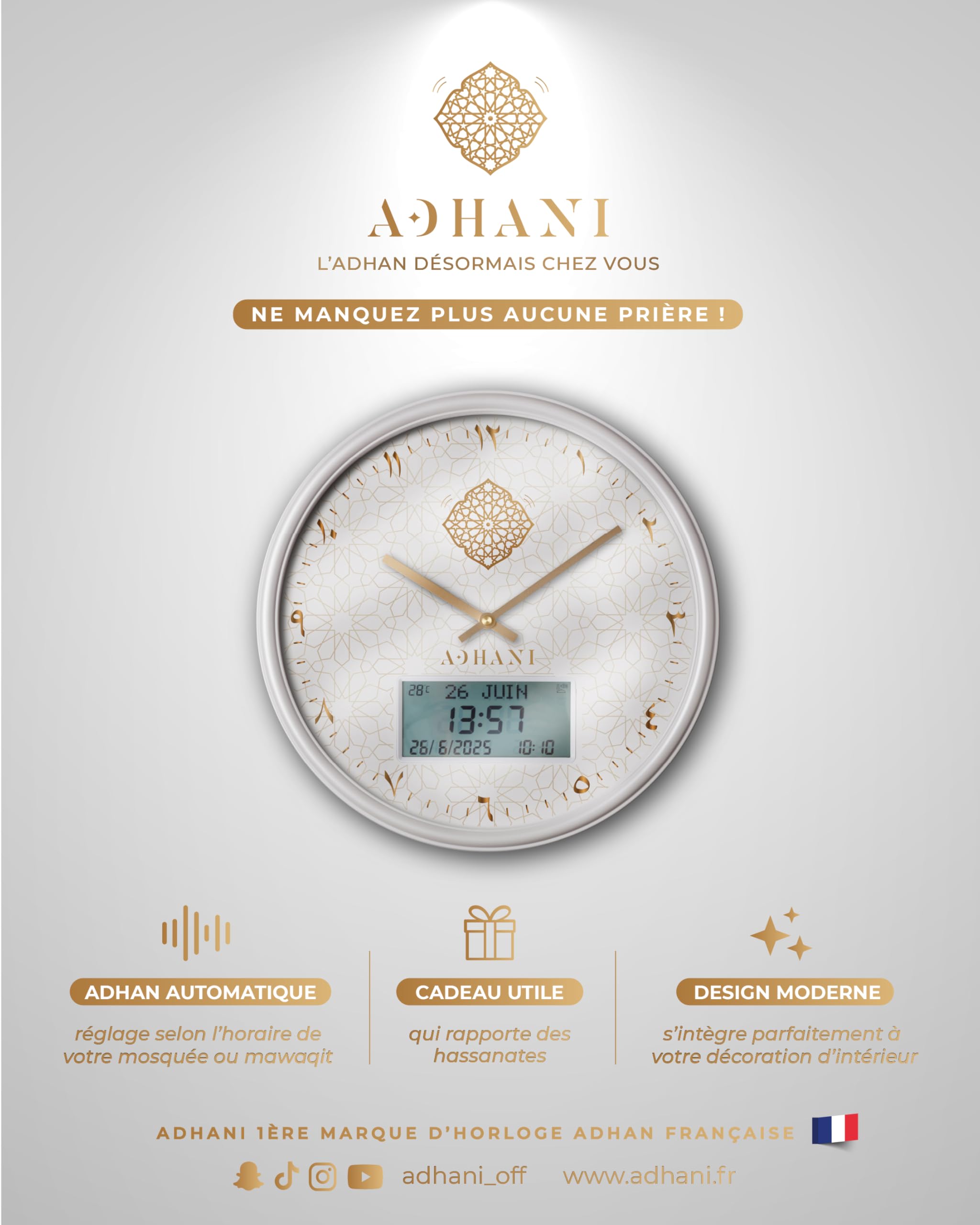 Horloge Adhan Moderne – Appel à la prière Automatique – Chiffres Indiens (Blanc doré)