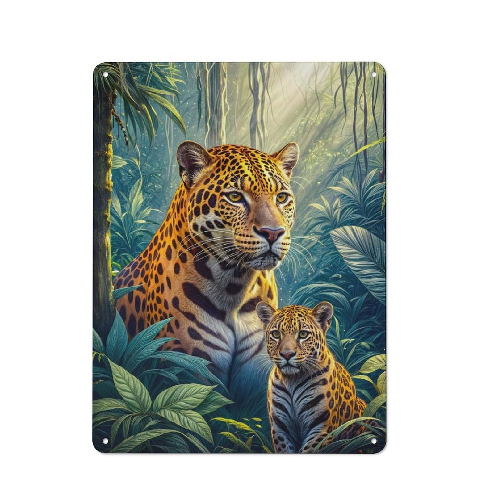 Junmoney Jaguar With Cub In Forest Retro Metal Sign 40X30cm For Garden Room Or Summerhouse, For Garden Room Decor Fans
