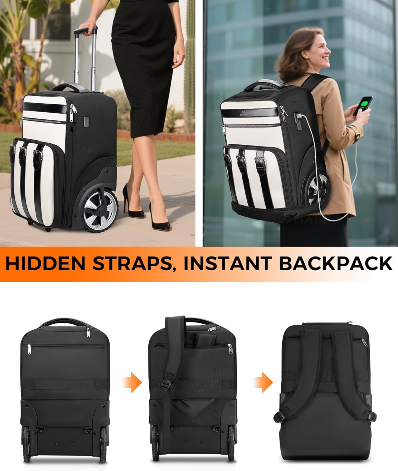 MATEIN 2 In 1 Rolling Backpack for Women with Shoulder Strap, Flight Approved Luggage Travel Backpack with Large Wheels, Anti Theft Big 17 inch Roller Suitcase Laptop Bag with USB Port, Black White - Image 3