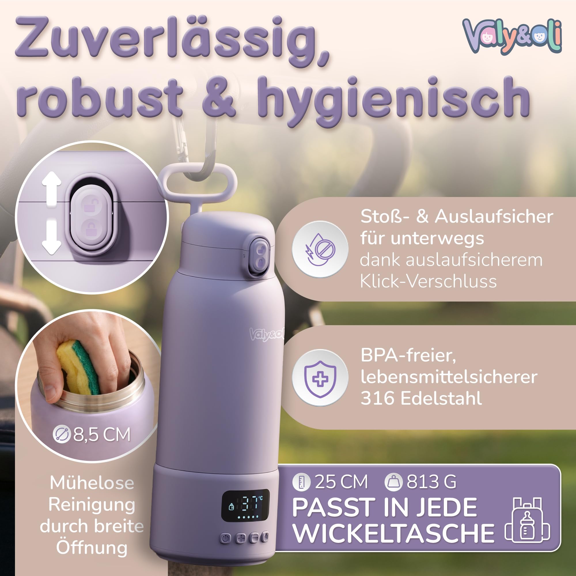 Valy&Oli® Flaschenwärmer Baby Unterwegs [Power 16.000mAh Akku] - Blitzschnell in 3 Min auf 37°C [Bis 100°C] - Tragbarer Milchwärmer [500ml] - Auslaufsicherer Babyflaschenwärmer (Lavendel-Lila)