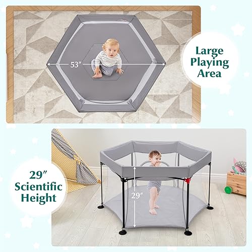 Miniatura 3 de BABY JOY Corralito de juegos para bebés al aire libre de 53 pulgadas, patio de juegos grande portátil para bebés y niños pequeños con toldo UV