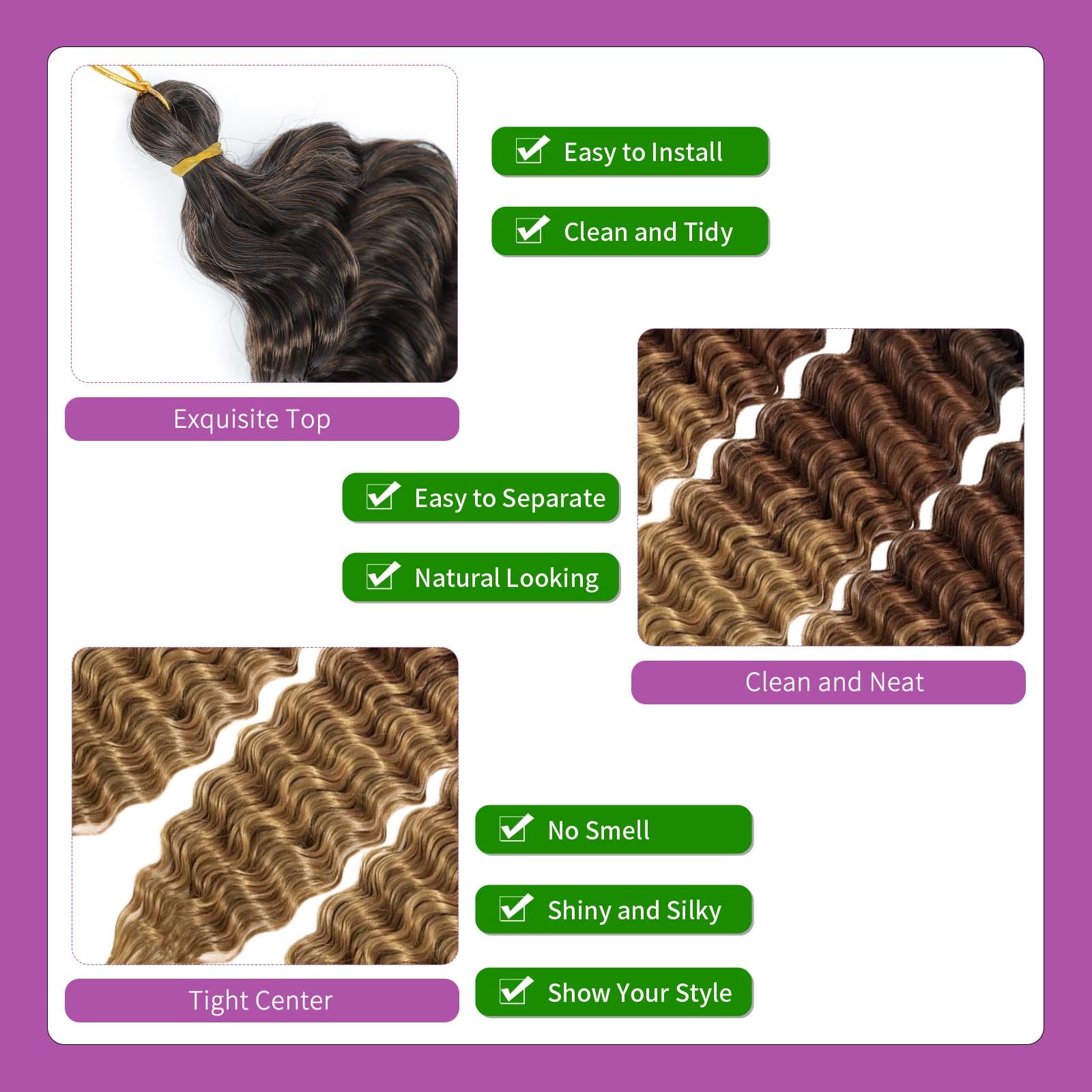 Ocean Wave Crochet Hair 3Packs Deep Wave Braiding Hair Curl Crochet Braiding Hair Extension Ocean Wave Braids Hair for women (1B/30/27# - Image 3
