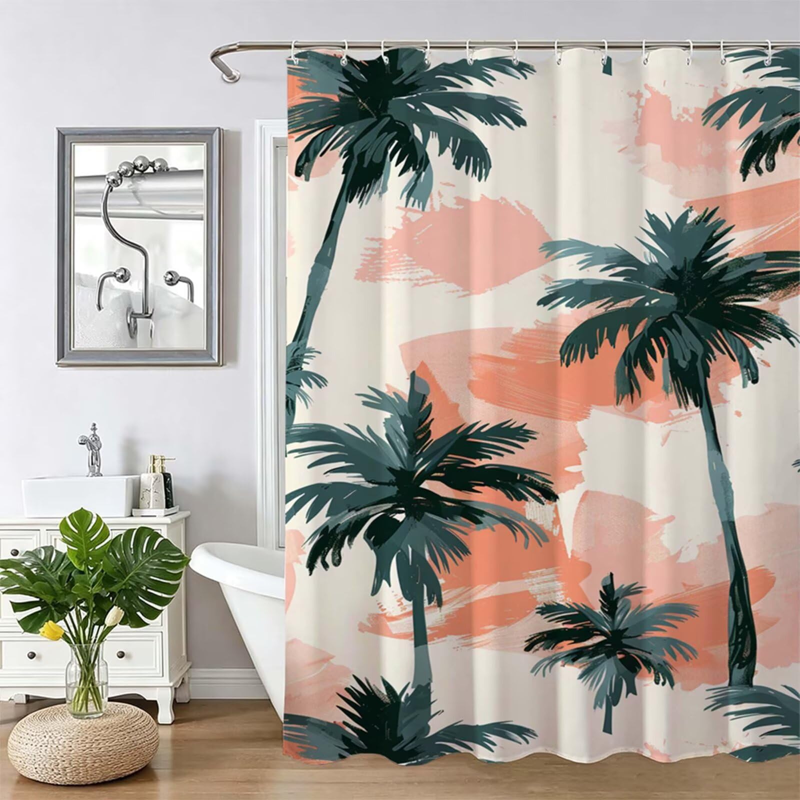 Tenda Doccia in Poliestere Crema, Tende per Doccia Extra Lunga 240x200cm, palme da cocco Tenda Vasca da Bagno Tessuto Lavabile, Facile da Pulire, con 12 Ganci, Decorazione per Bagno, Hotel Z-476