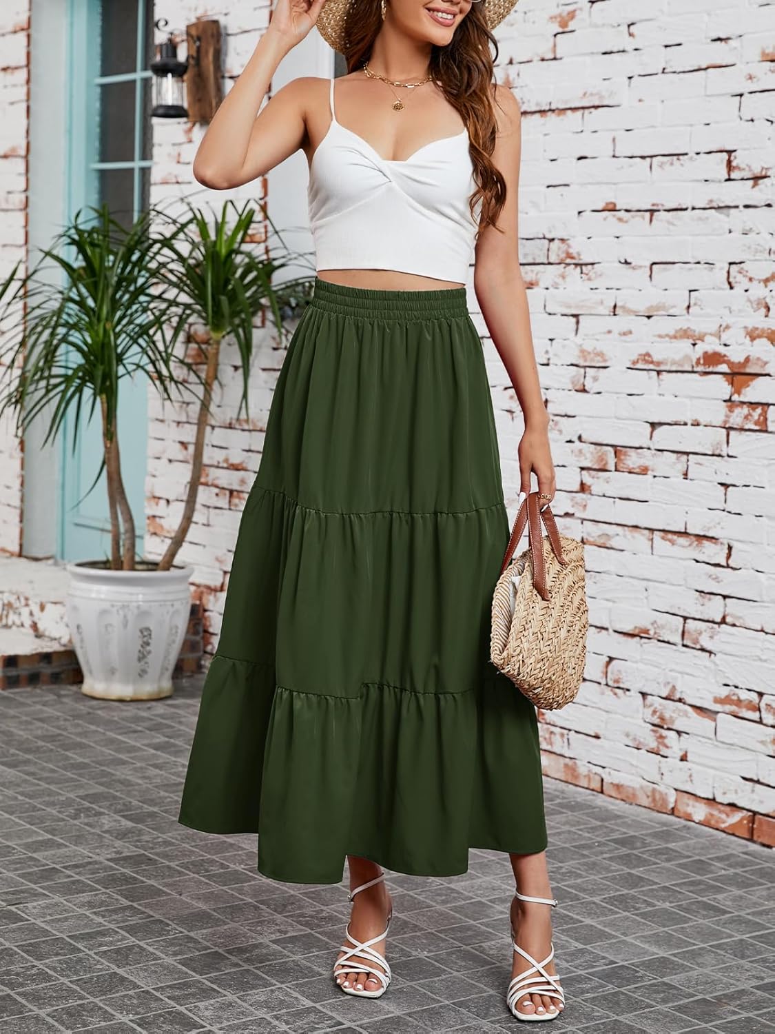 Arolina Maxi Skirt for Women Summer Boho Elastic High Waist Pleated A-Line Flowy Ruffle Swing Tiered Long Beach Skirt Dress - Image 2