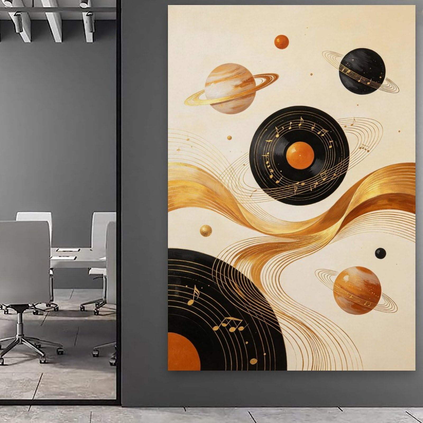 Stampa artistica da parete su tela, motivo: pianeta con musica astratta, disco in vinile, arte moderna con musica cosmica, stampa su tela per camera da letto, soggiorno, studio, decorazione per camera