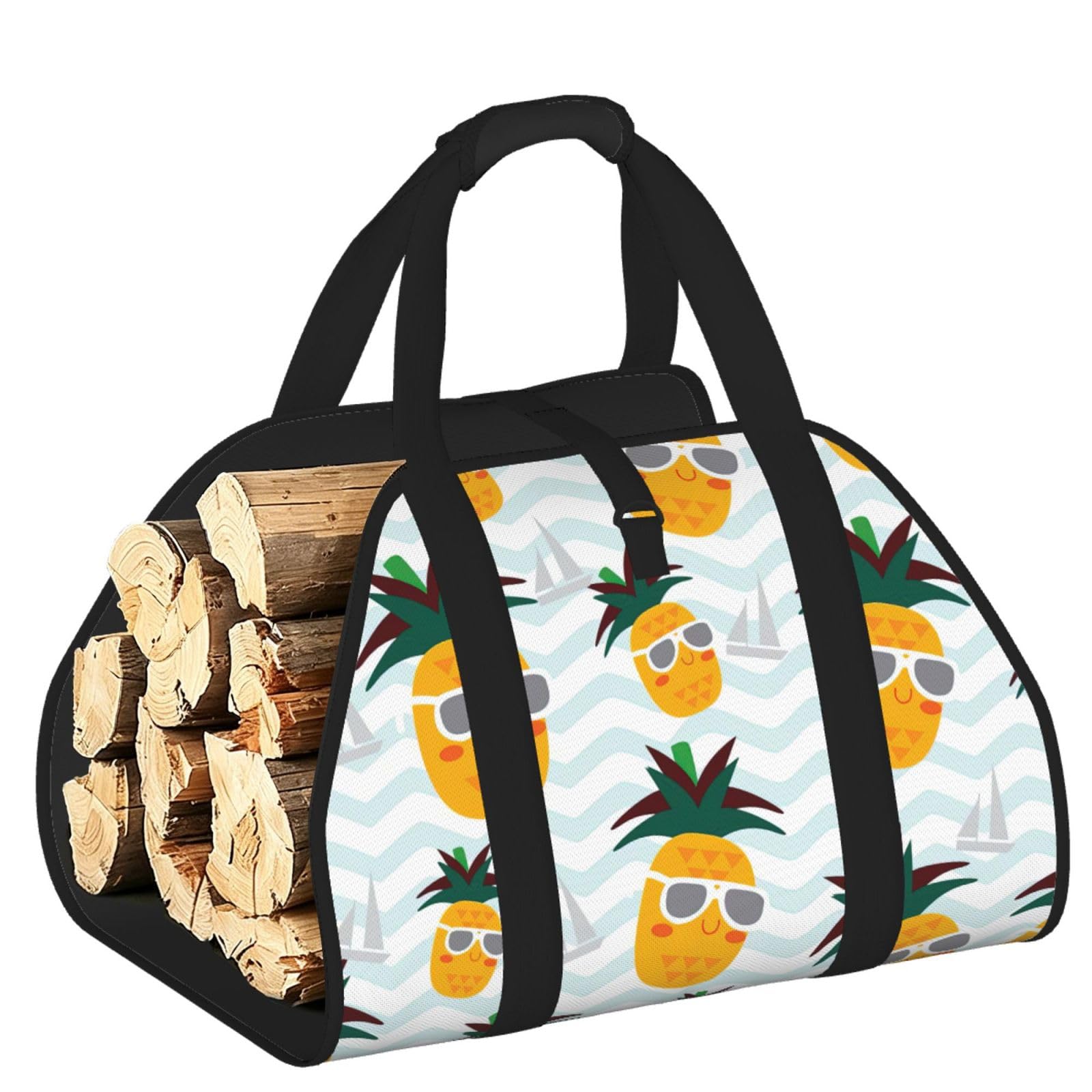 Pphgut Black Cute Pineapple Print Firewood Bag Wood Carrier Transport Sack Camping Picnic Storage Daily Home