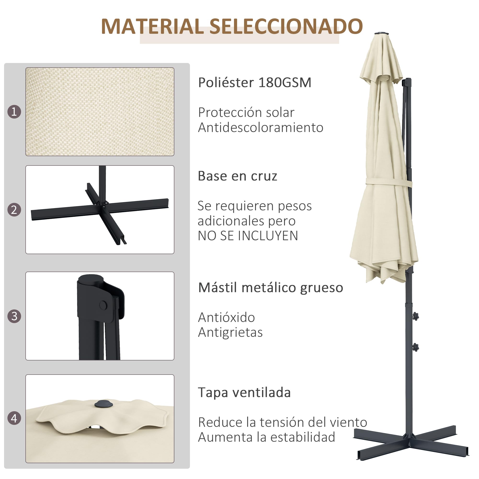 Outsunny Sombrilla de Jardín Ø294x242 cm Altura Ajustable Patio Crema | Parasol de Terraza, Poste Giratorio 360°, Ángulo de Techo Ajustable, Ventilación Superior, para Piscina