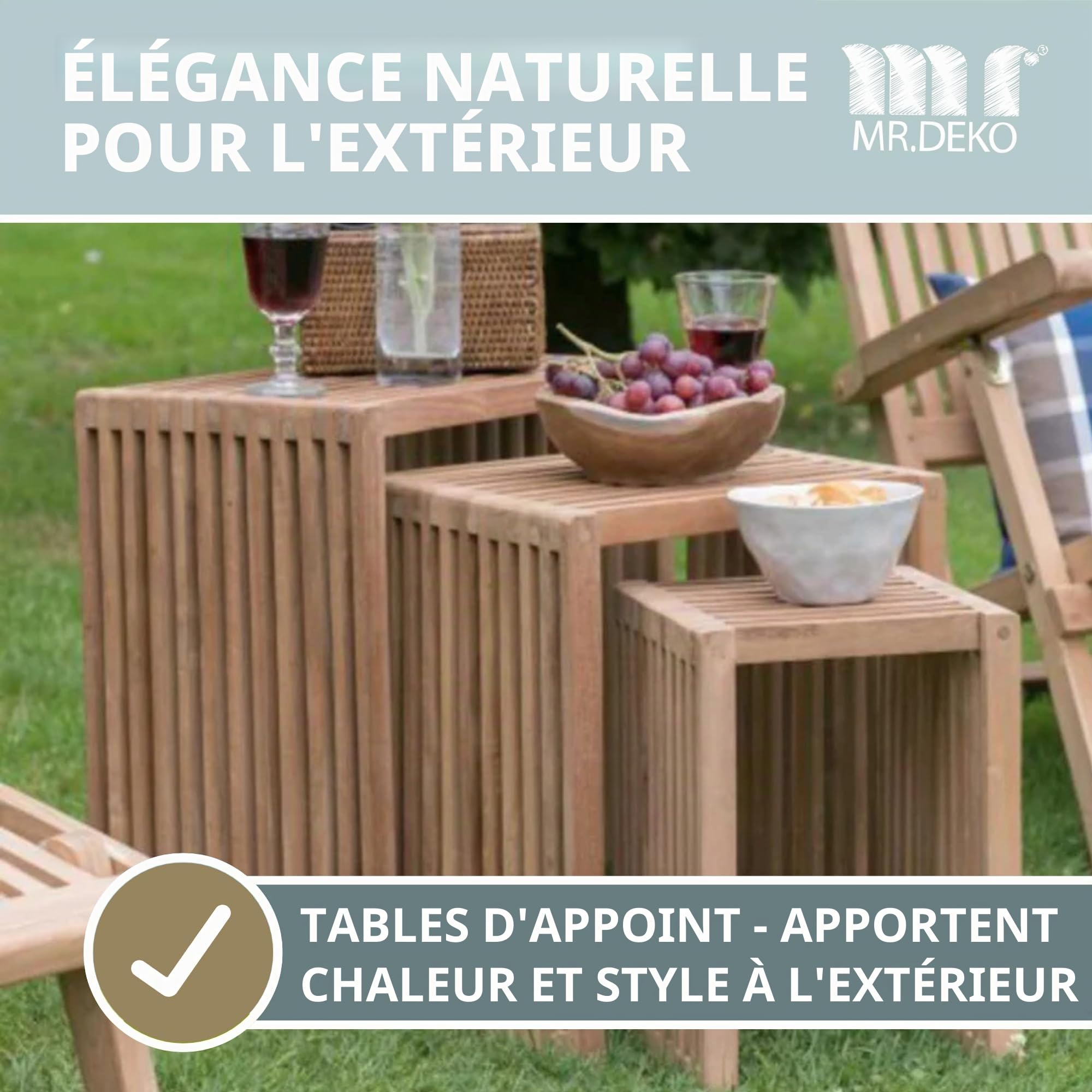 MR. DEKO Table d'appoint en Teck Massif | Table de Jardin extérieure | Mobilier pour terrasse Balcon Jardin | Design Intemporel | Résistant aux intempéries