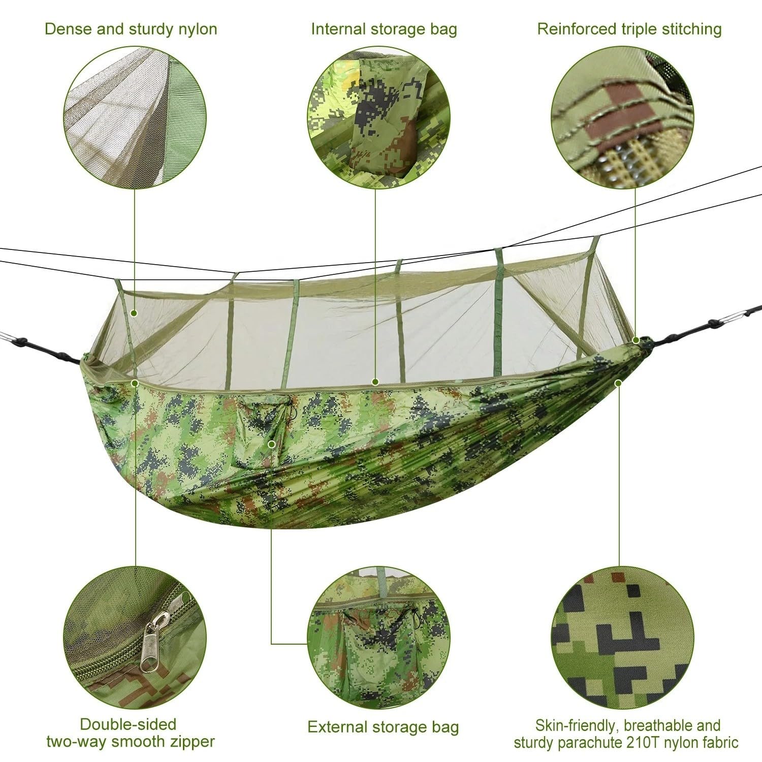 2-Personen-Hängematte mit Moskitonetz, Outdoor, Wandern, Camping, Hommock, tragbares Nylon-Schaukel-Hängebett, 600 Pfund Traglast(Camouflage)